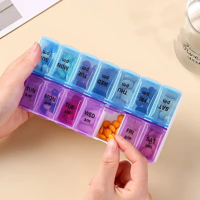 14 Compartment Weekly Pill Organizer AM PM 7 Day Portable Vitamin and Medication Box