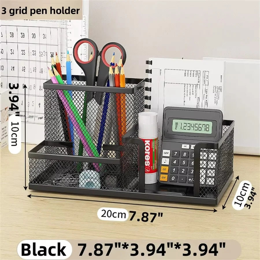 Mesh Desk Organizer with Pencil Holder & Storage Baskets — 3-Compartment