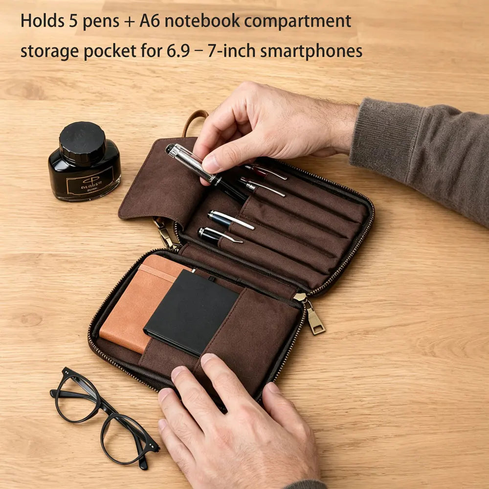 Leather Pen Case Organizer with 5 Pen Slots and A6 Notebook Pocket, Zippered Stationery Storage Case for Office and School