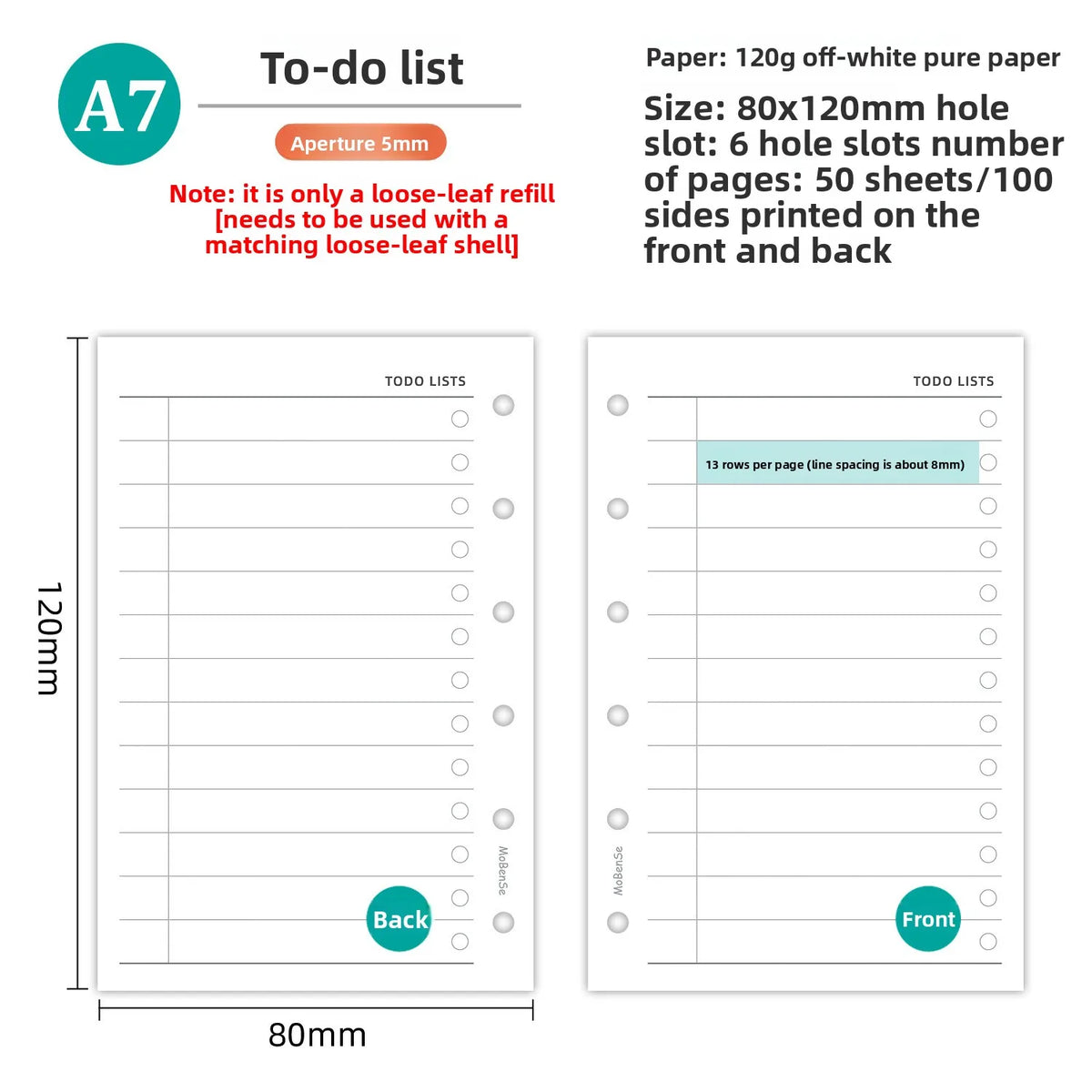 A7 Loose Leaf Notebook Refill Paper, 50 Sheet Binder Inserts in Weekly, Monthly, To Do, Grid, Lined and Blank Styles