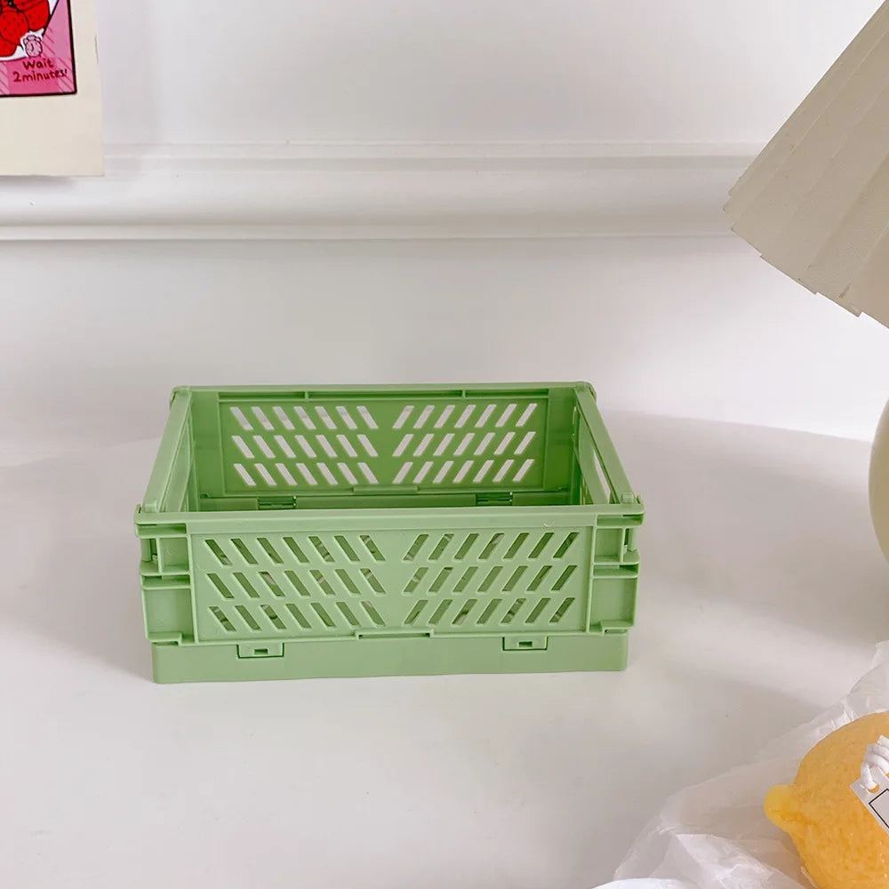 Stackable Foldable Plastic Desk Storage Basket, Cute Stationery Organizer Box for Student and Office Desktop Supplies