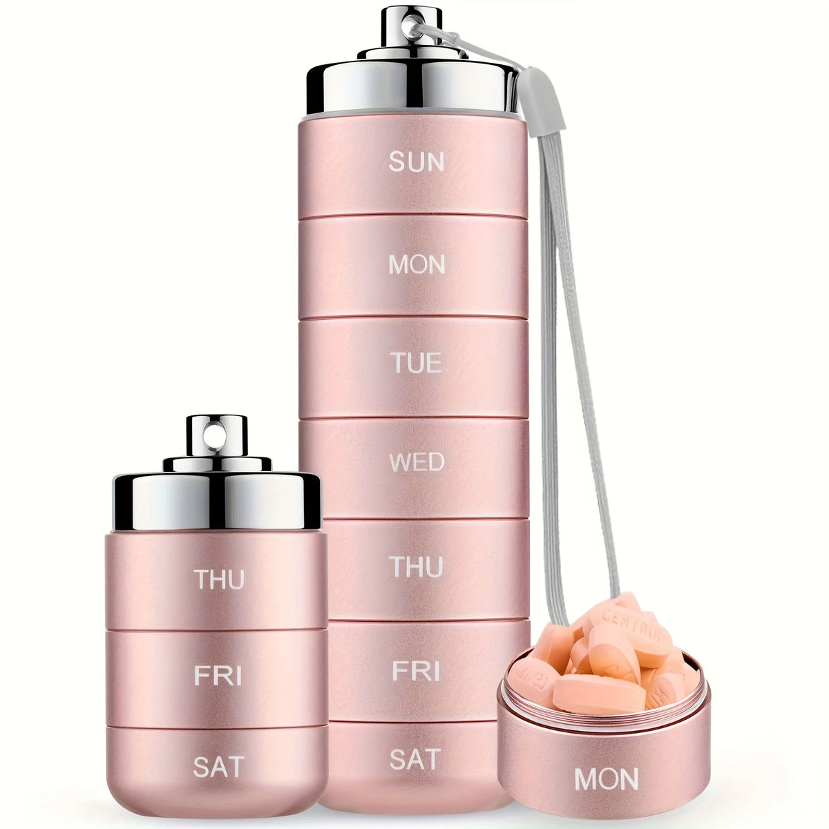 7 Day Metal Pill Organizer, Stackable Aluminum Weekly Pill Box with Keychain, Portable Travel Pill Case for Vitamins and Supplements
