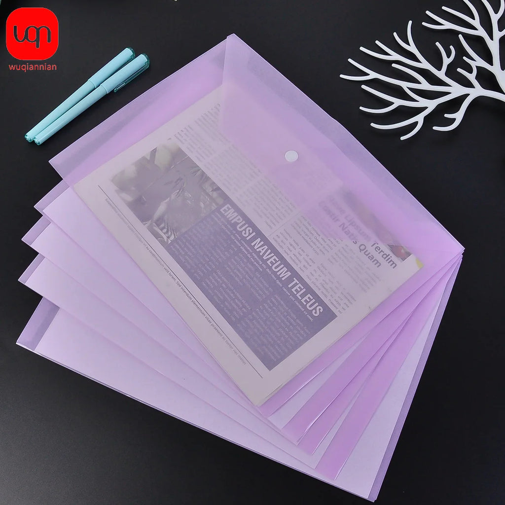 5 Pack Clear A4 Plastic Envelope Folders with Snap Button for School, Office and Document Storage