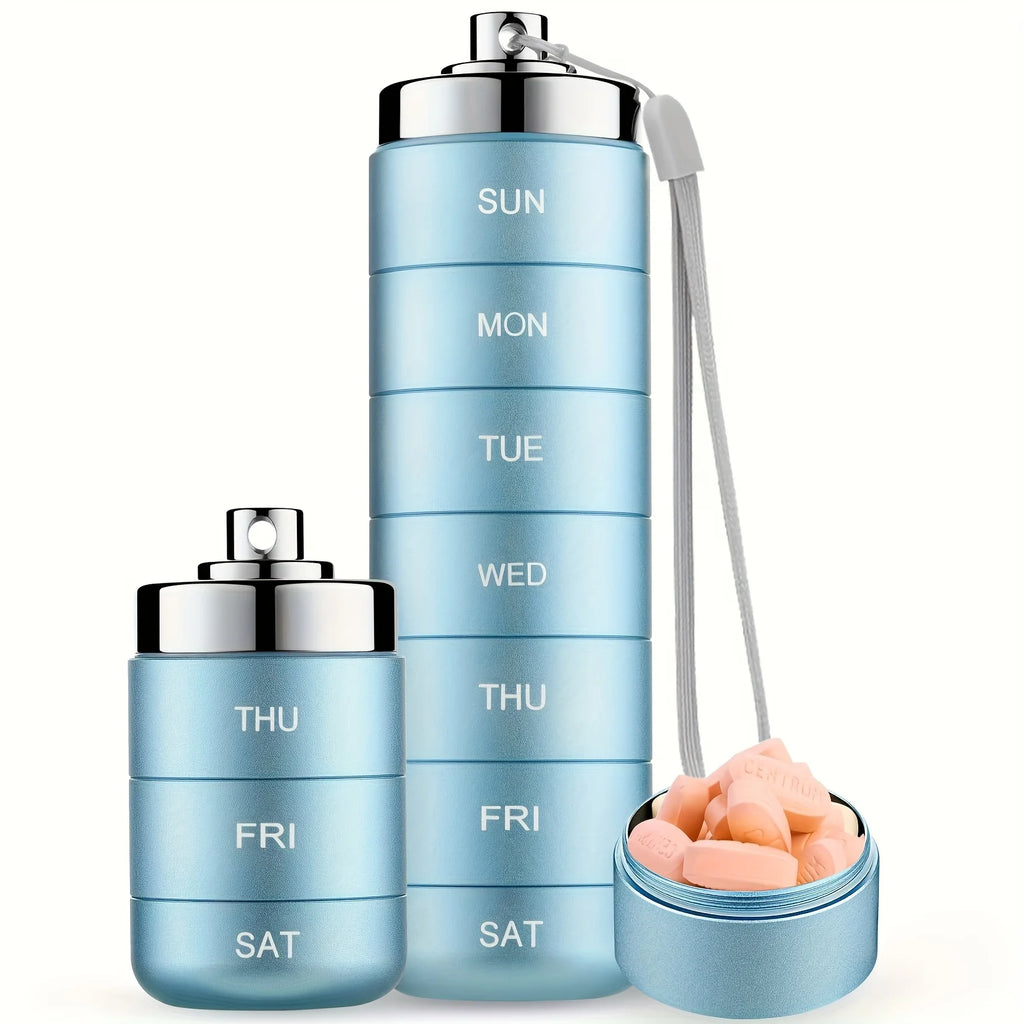 7 Day Metal Pill Organizer, Stackable Aluminum Weekly Pill Box with Keychain, Portable Travel Pill Case for Vitamins and Supplements