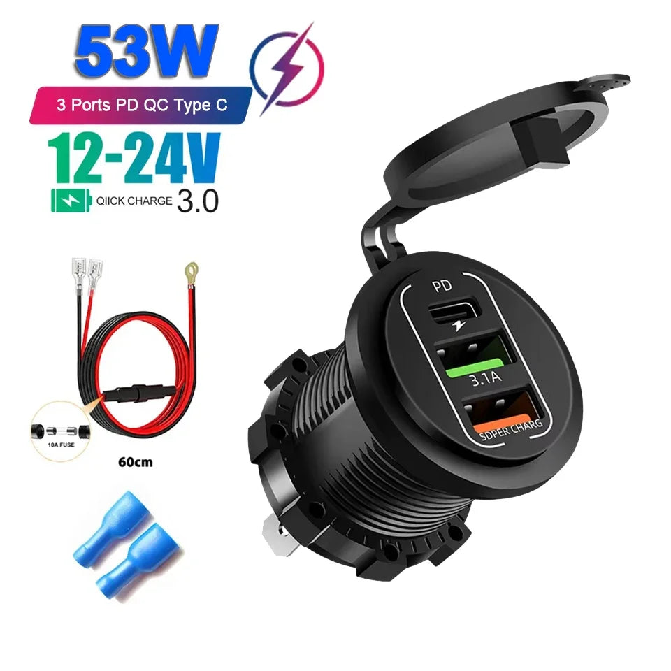 12V/24V Multi-Port USB Car Charger — PD/QC Fast Charging Socket with Voltmeter & On/Off Switch