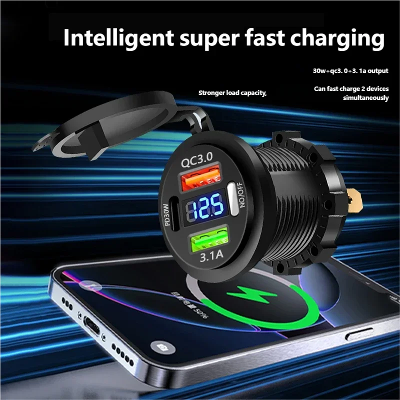 12V/24V Multi-Port USB Car Charger — PD/QC Fast Charging Socket with Voltmeter & On/Off Switch