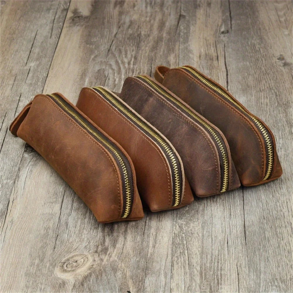 Vintage Leather-Style Pencil Case, Zipper Pen Pouch and Glasses Holder, Rustic Stationery Organizer Bag for School, Office and Journaling