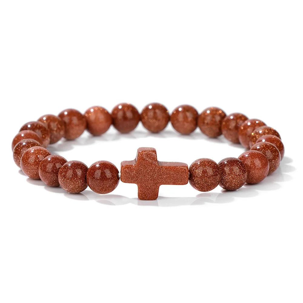 Natural Stone Cross Beaded Bracelet — Crystal Healing Prayer Jewelry