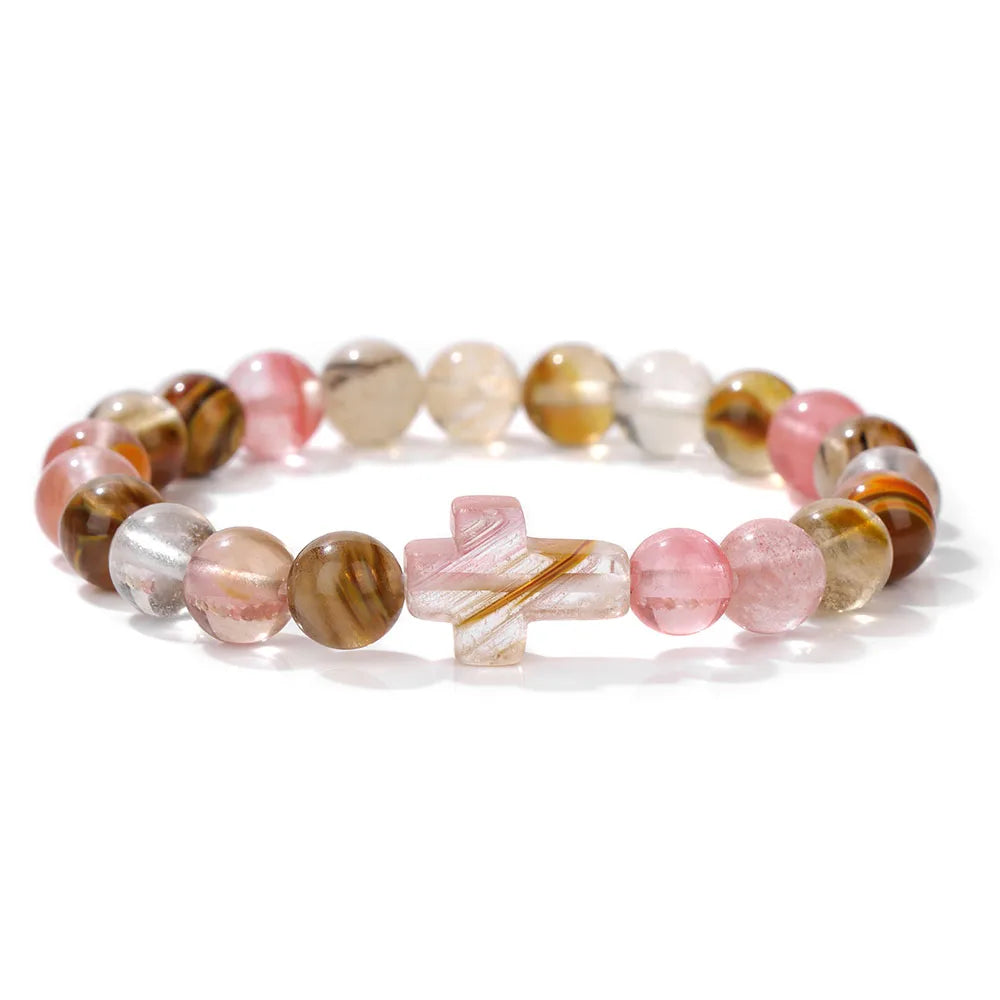 Natural Stone Cross Beaded Bracelet — Crystal Healing Prayer Jewelry