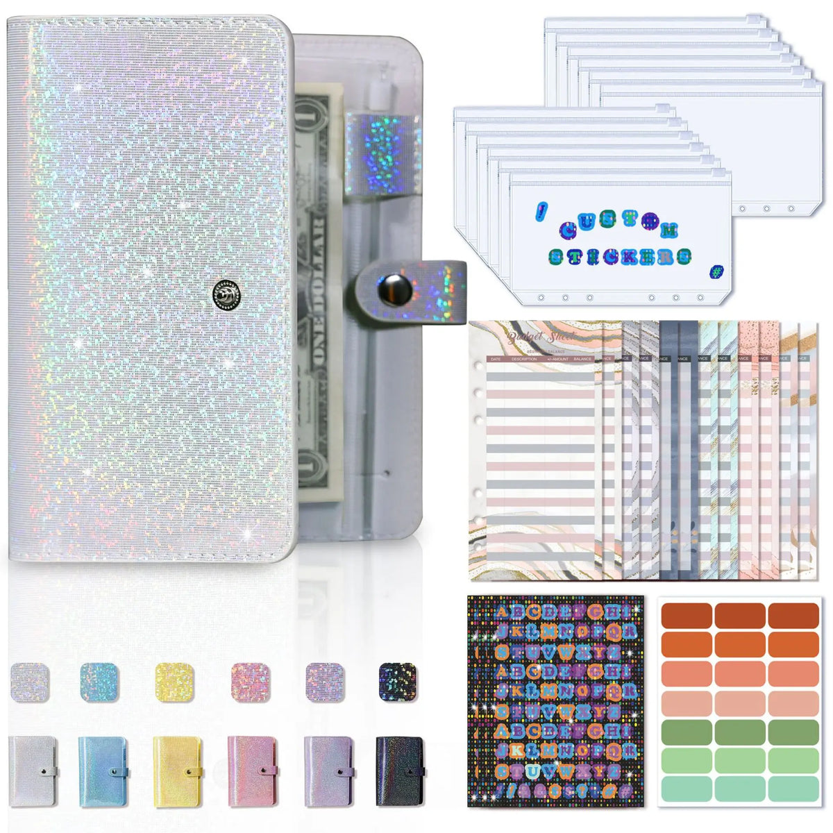 A6 Glitter PU Leather Budget Binder with Cash Envelopes, Budget Sheets and Stickers, Money Saving Organizer Wallet for Budgeting