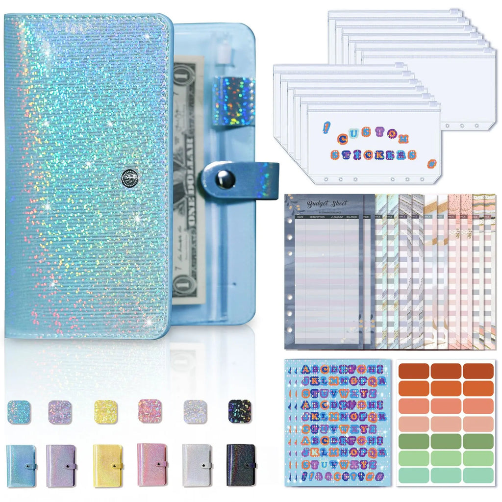 A6 Glitter PU Leather Budget Binder with Cash Envelopes, Budget Sheets and Stickers, Money Saving Organizer Wallet for Budgeting