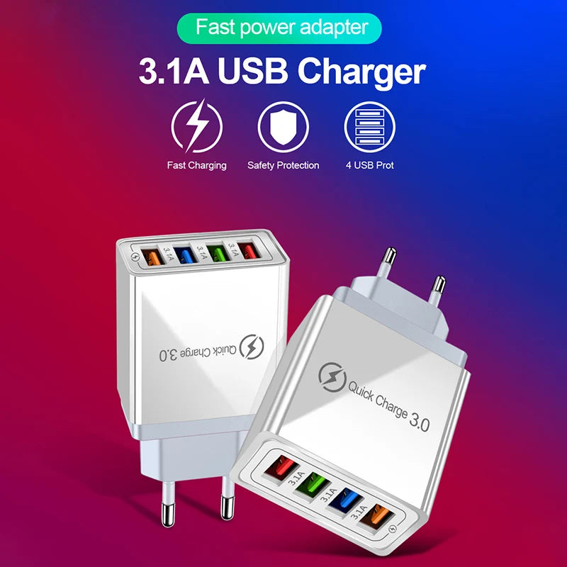 4-Port USB Wall Charger — 3A Quick Charge 3.0 Adapter with EU/US Plug