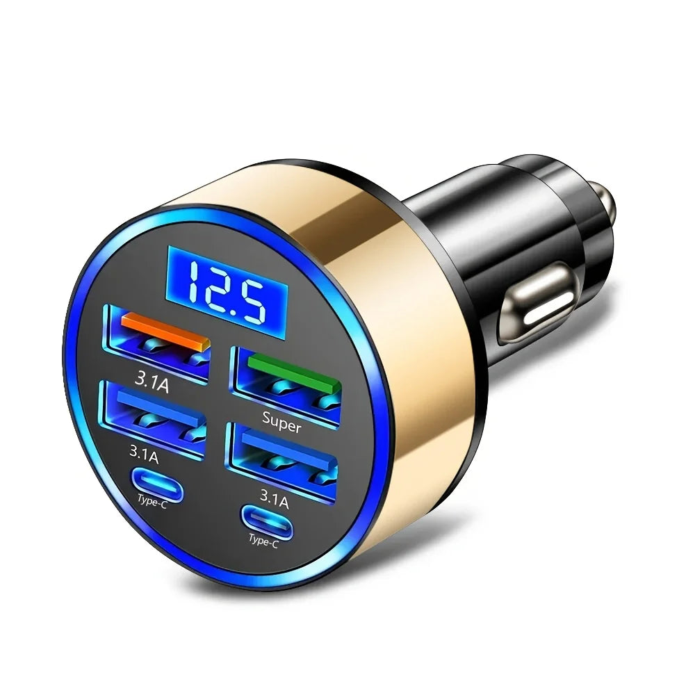 6-in-1 Car USB Charger Adapter — 3.1A Multi-Port with Digital Display