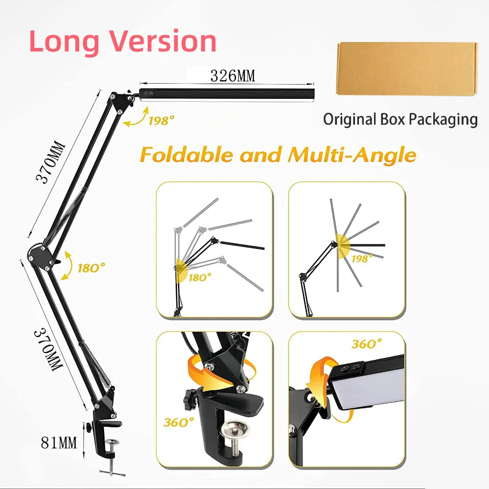 10W LED Clamp Desk Lamp — Adjustable Swing Arm, 3 Color Modes, 10 Brightness Levels & USB