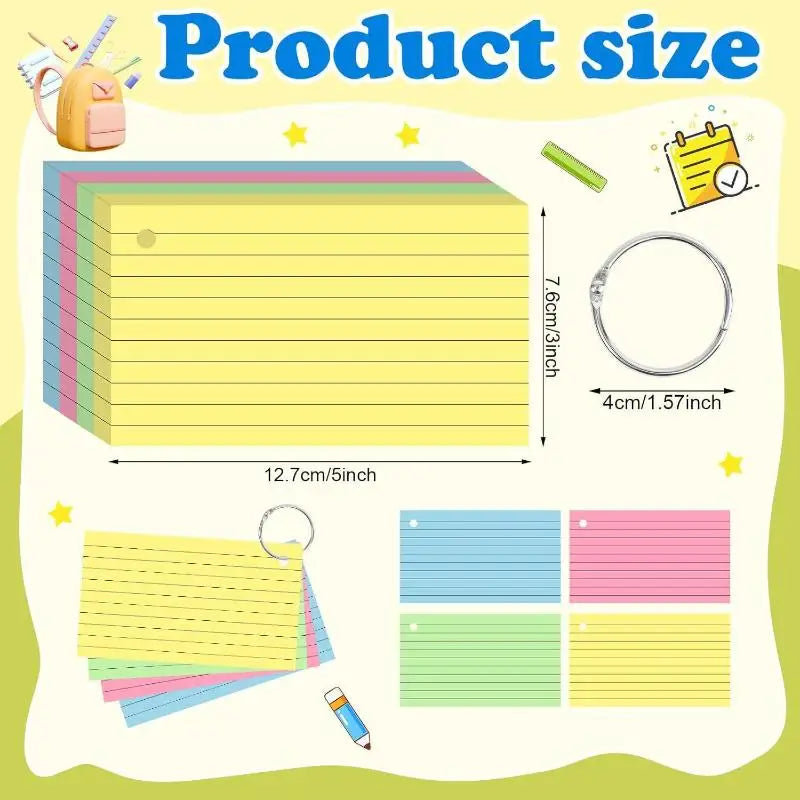 50 Page Loose-Leaf Lined Index Cards, Binder Ring Flash Cards for Studying, Revision and Note Taking at School or Work