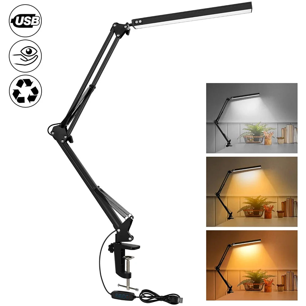 10W LED Clamp Desk Lamp — Adjustable Swing Arm, 3 Color Modes, 10 Brightness Levels & USB