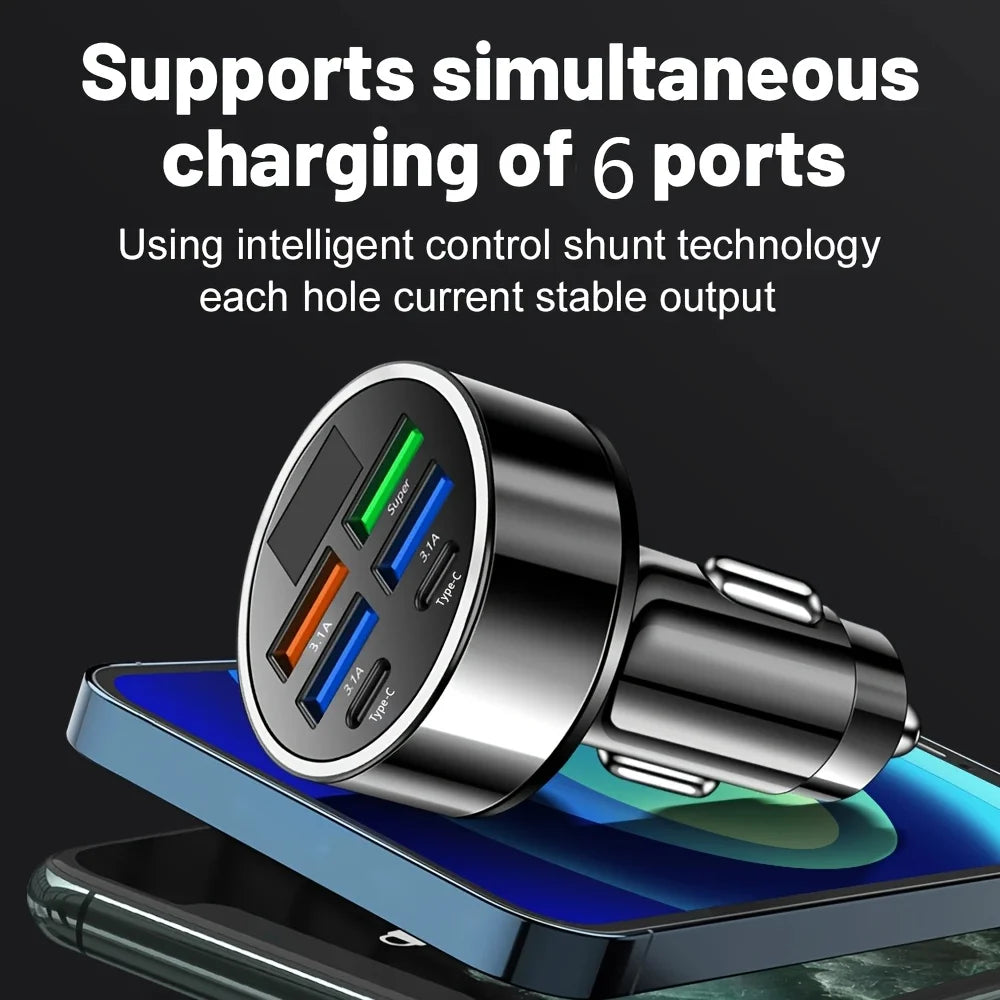 6-in-1 Car USB Charger Adapter — 3.1A Multi-Port with Digital Display