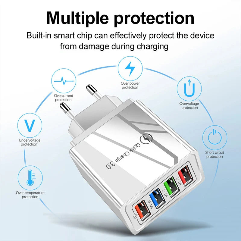 4-Port USB Wall Charger — 3A Quick Charge 3.0 Adapter with EU/US Plug