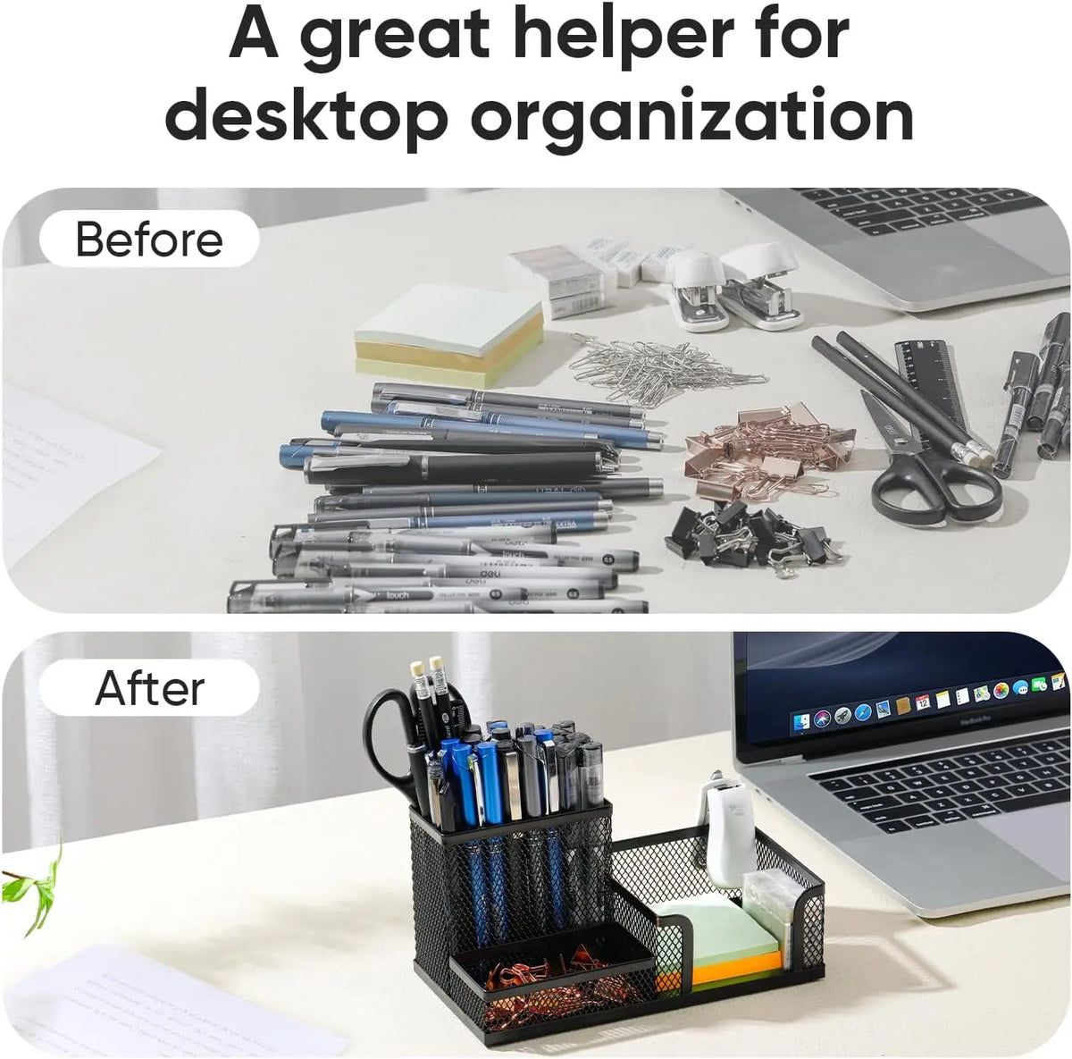 Mesh Desk Organizer with Pencil Holder & Storage Baskets — 3-Compartment