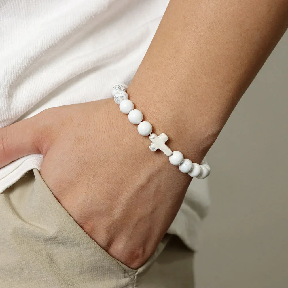 Natural Stone Cross Beaded Bracelet — Crystal Healing Prayer Jewelry