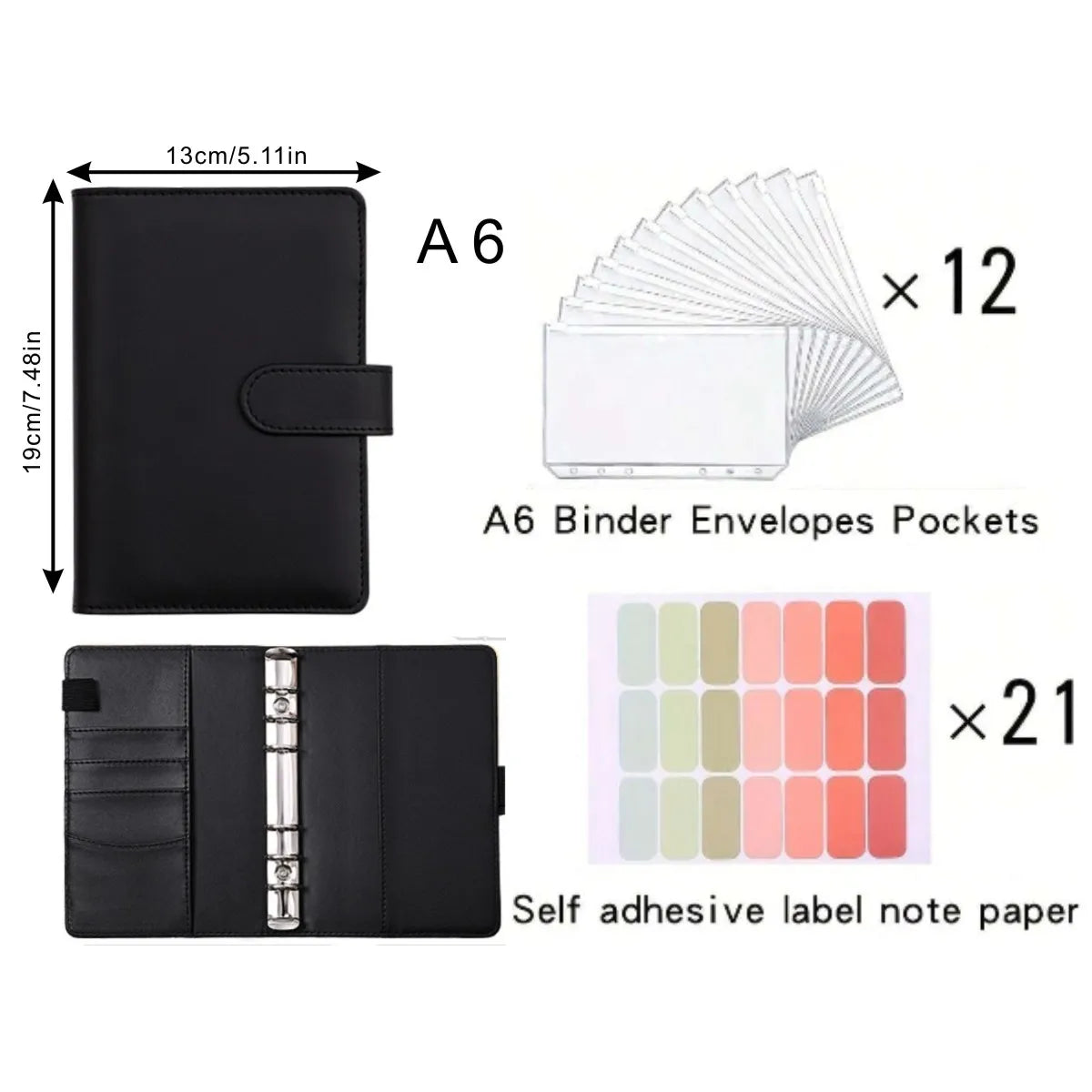 A6 PU Leather Cash Savings Binder — 12 Pockets & 21 Budget Labels