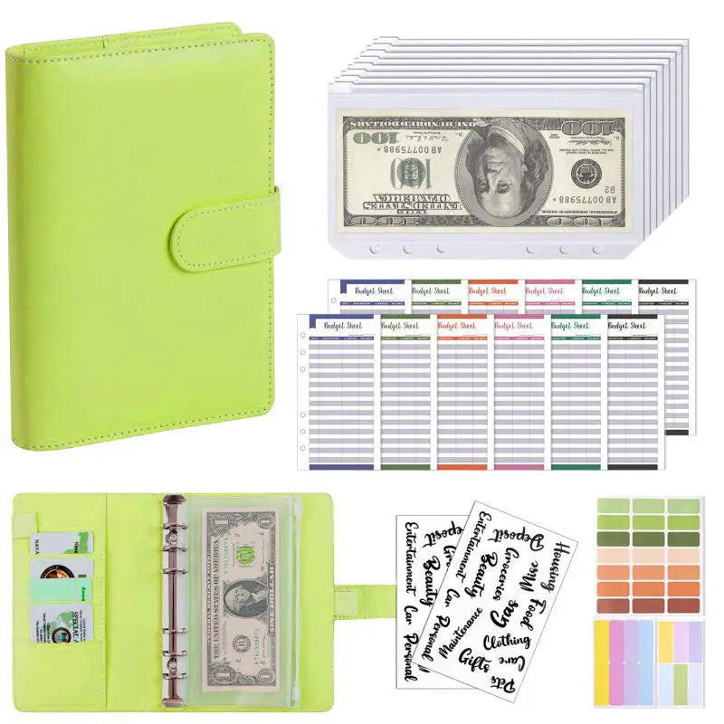 A6 PU Leather Budget Binder — Cash Envelope Savings System with Binder Pockets