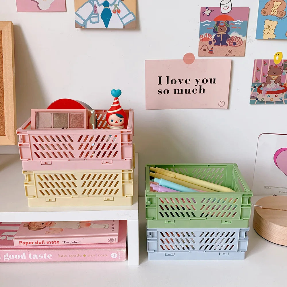Stackable Foldable Plastic Desk Storage Basket, Cute Stationery Organizer Box for Student and Office Desktop Supplies