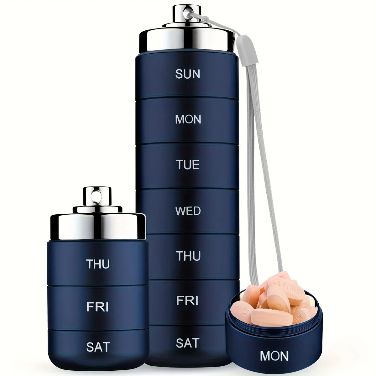 7 Day Metal Pill Organizer, Stackable Aluminum Weekly Pill Box with Keychain, Portable Travel Pill Case for Vitamins and Supplements