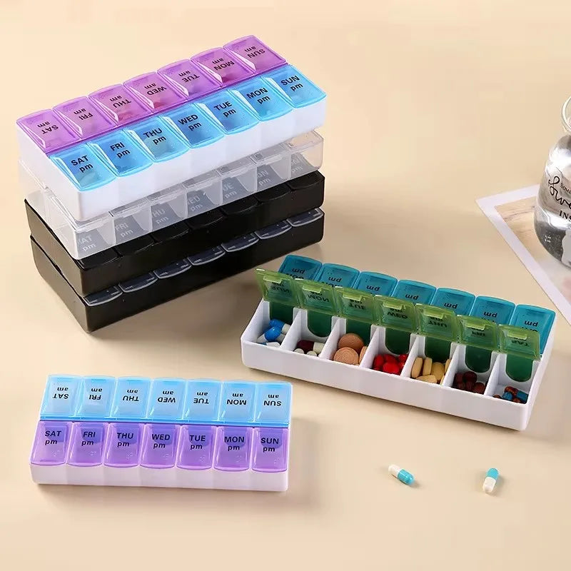 14 Compartment Weekly Pill Organizer AM PM 7 Day Portable Vitamin and Medication Box