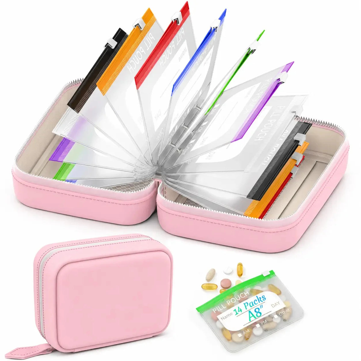 Weekly Pill Organizer Case with 14 Color-Coded Pouches, AM PM Twice-Daily 7-Day Travel Pill Box