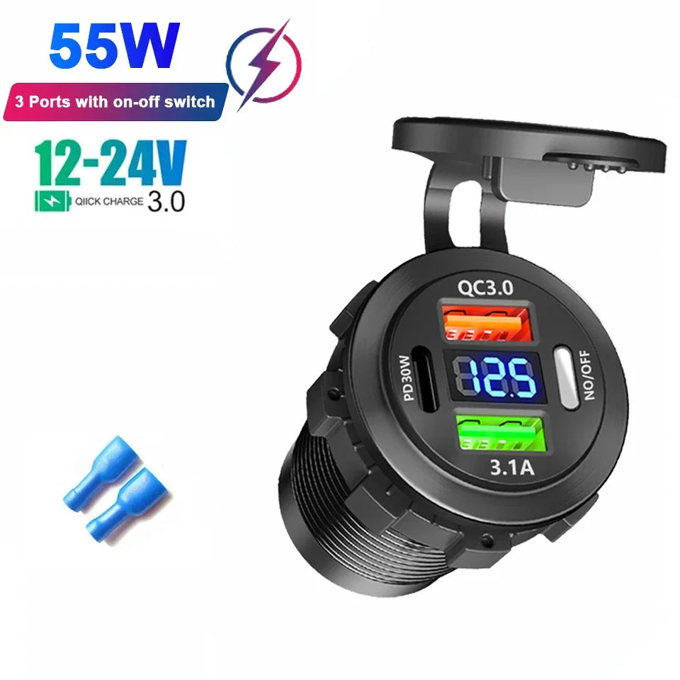 12V/24V Multi-Port USB Car Charger — PD/QC Fast Charging Socket with Voltmeter & On/Off Switch