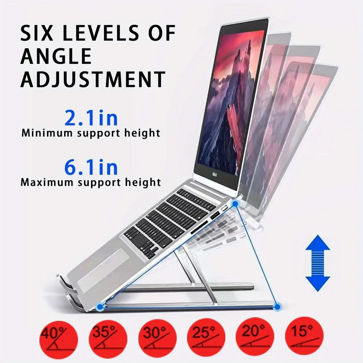 Adjustable Aluminum Laptop Stand — 6-Level Height, Foldable & Portable for 8–16″ Laptops