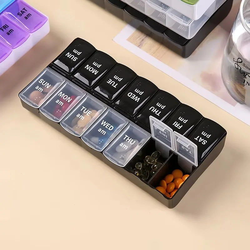 14 Compartment Weekly Pill Organizer AM PM 7 Day Portable Vitamin and Medication Box