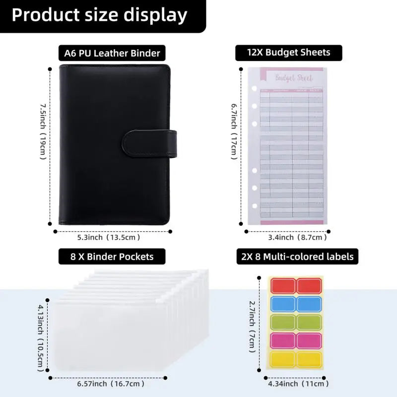 A6 PU Leather Budget Binder — Cash Envelope Savings System with Binder Pockets