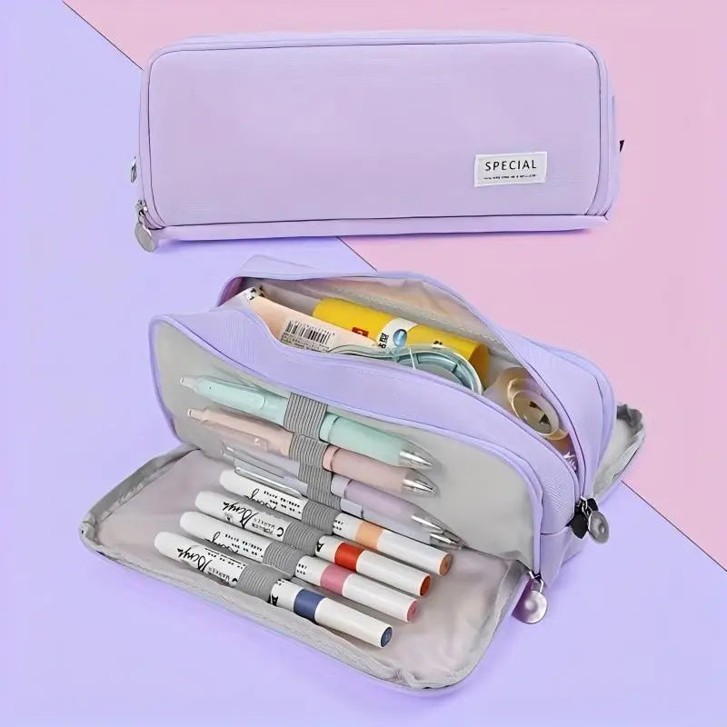 Large Capacity 3-Compartment Pencil Case & Desk Organizer Pouch