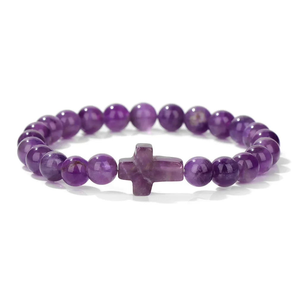 Natural Stone Cross Beaded Bracelet — Crystal Healing Prayer Jewelry
