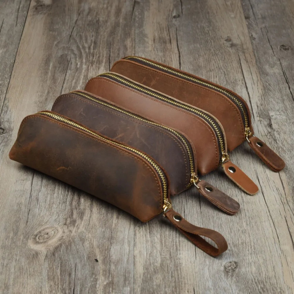Vintage Leather-Style Pencil Case, Zipper Pen Pouch and Glasses Holder, Rustic Stationery Organizer Bag for School, Office and Journaling