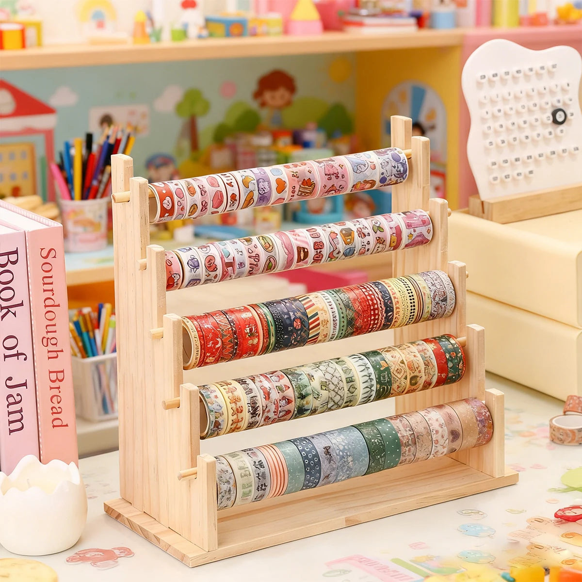 Wooden Washi Tape and Sticker Storage Rack Desktop Organizer