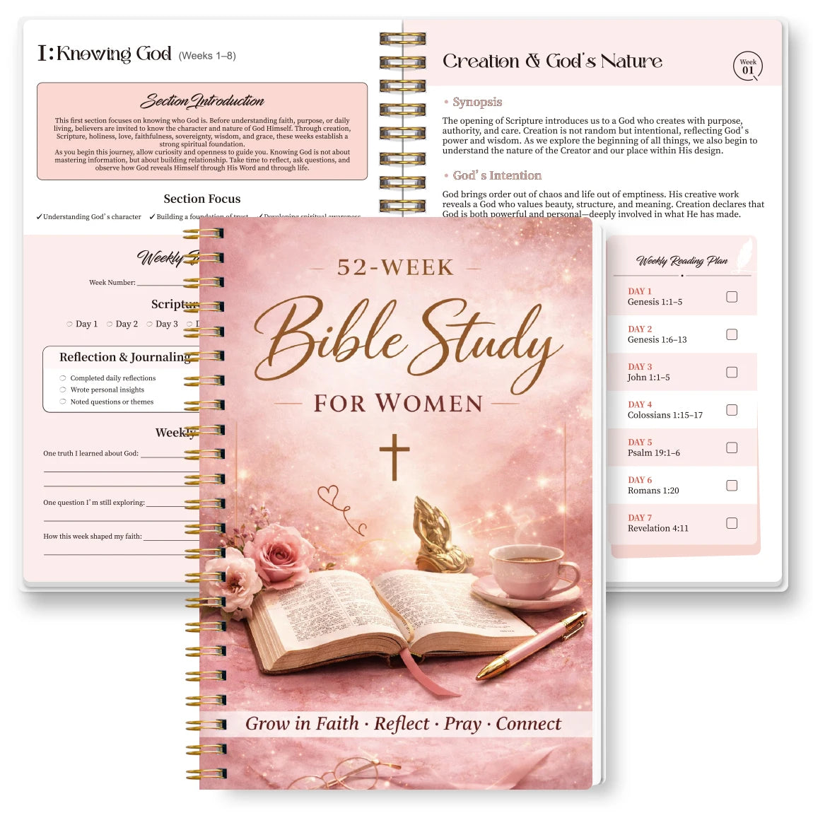 52 Week Bible Study Journal for Women, Spiral Bound Guided Faith Planner with Daily Scripture Reading and Reflection Tracker