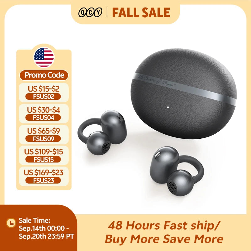 QCY Crossky C50 Open-Ear Bluetooth 6.0 Earbuds — Clip-On Sport Design with AI Clear Call & Bass Boost