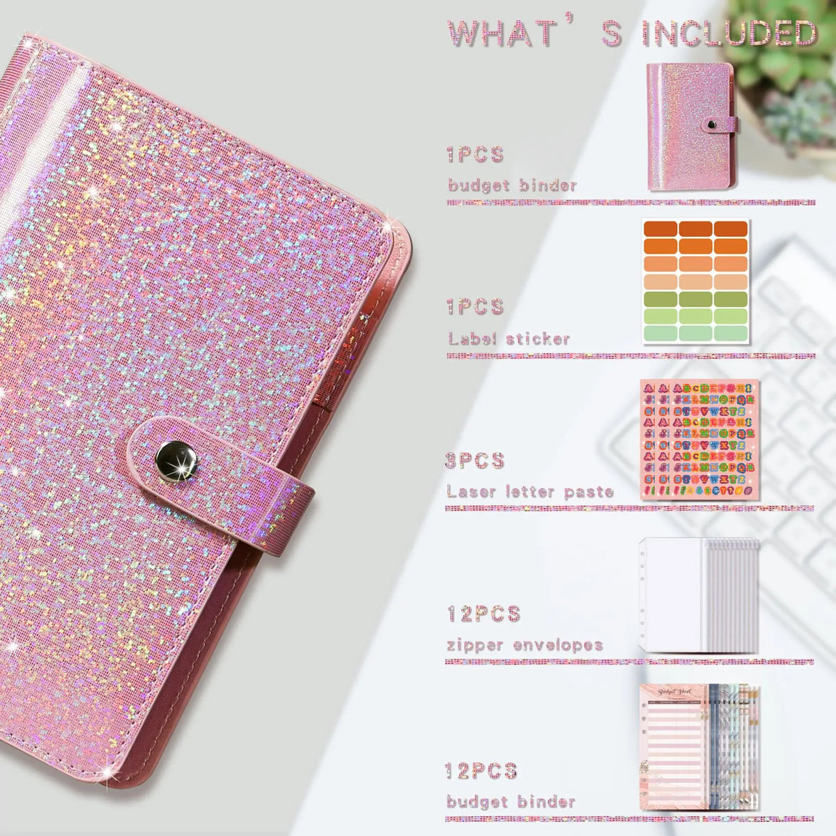 A6 Glitter PU Leather Budget Binder with Cash Envelopes, Budget Sheets and Stickers, Money Saving Organizer Wallet for Budgeting