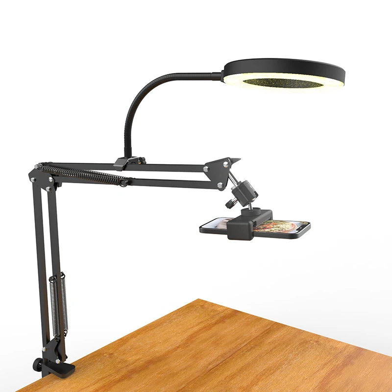 Overhead Phone Tripod Desk Mount with Optional Ring Light, Adjustable Arm Stand for Filming, Live Streaming and Recording Videos