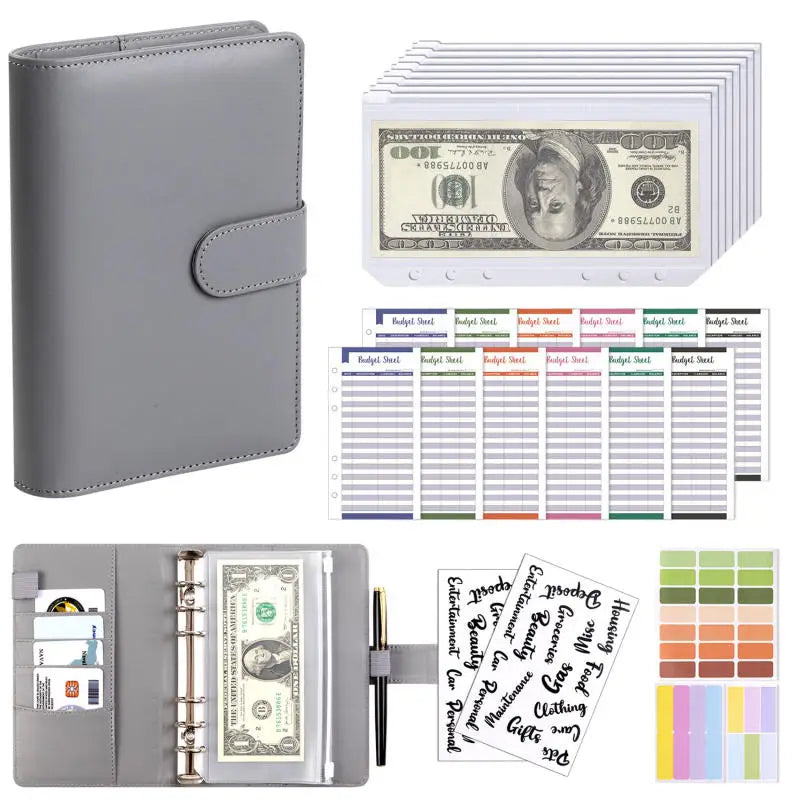 A6 PU Leather Budget Binder — Cash Envelope Savings System with Binder Pockets