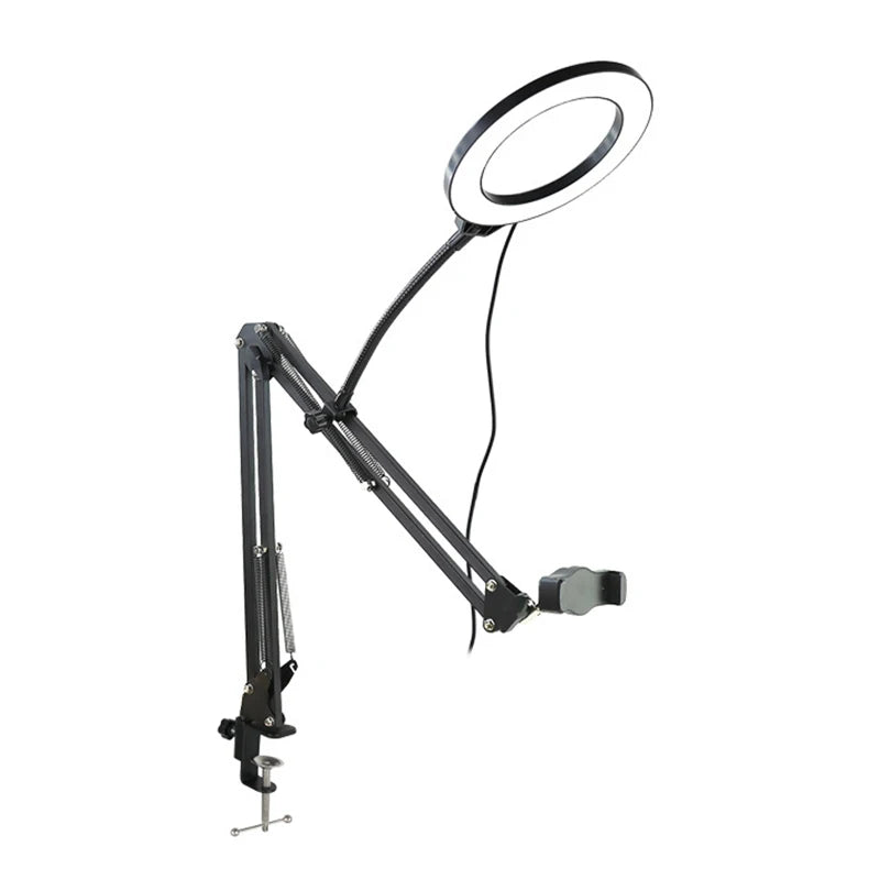 Overhead Phone Tripod Desk Mount with Optional Ring Light, Adjustable Arm Stand for Filming, Live Streaming and Recording Videos