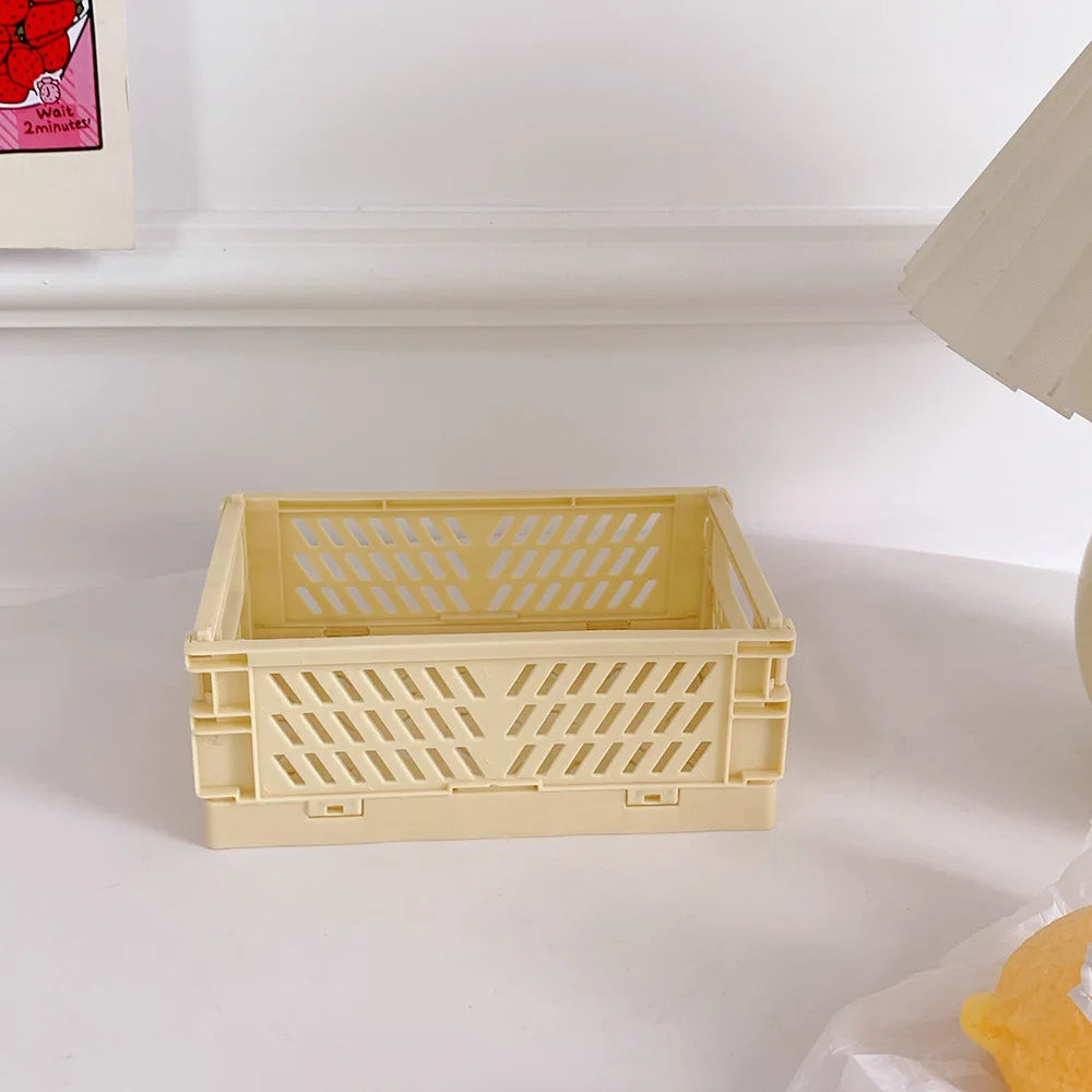 Stackable Foldable Plastic Desk Storage Basket, Cute Stationery Organizer Box for Student and Office Desktop Supplies