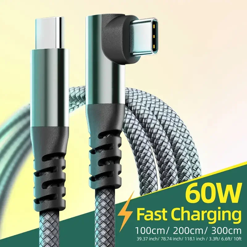 60W USB-C to USB-C Fast-Charging Cable — Braided Data & Charging Cord, 1m–3m