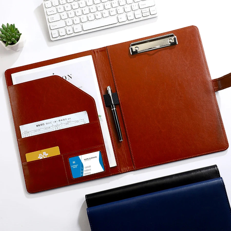 PU Leather A4 Padfolio Clipboard with Pen Holder and Card Slots for Business Meetings