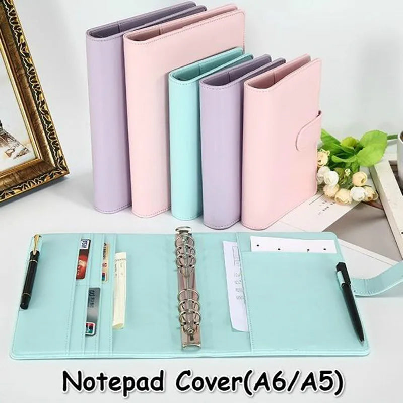Pastel A5 A6 Refillable Planner Cover, 6-Ring PU Leather Binder Notebook with Pen Loop and Card Pockets