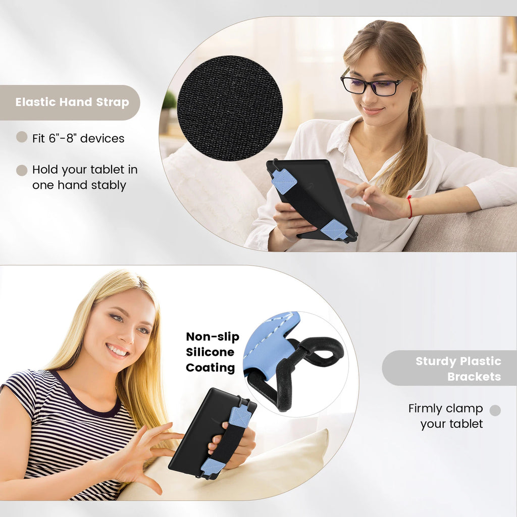 6-8 Inch E-Reader Hand Strap, PU Leather Finger Grip Holder with Elastic Band, Universal Security Hand Belt for E-Readers and Small Tablets