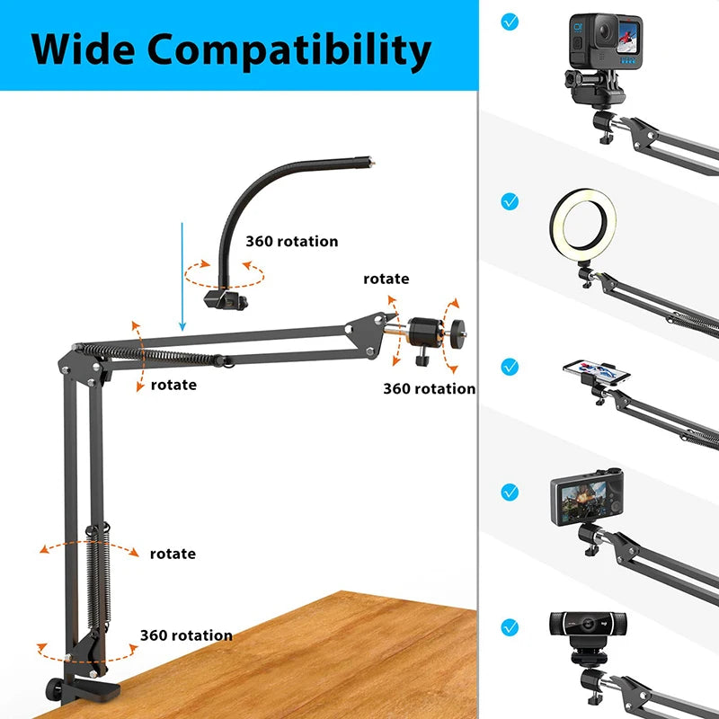 Overhead Phone Tripod Desk Mount with Optional Ring Light, Adjustable Arm Stand for Filming, Live Streaming and Recording Videos